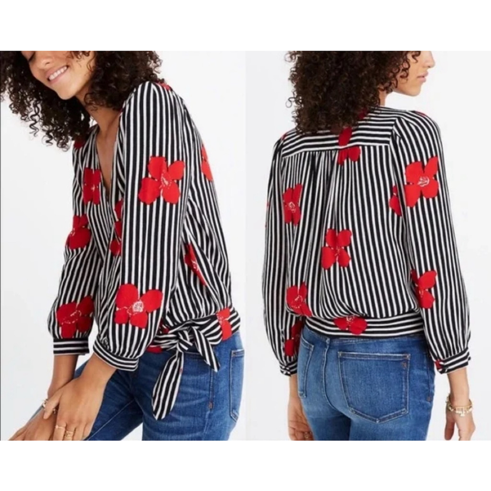 MADEWELL Size S Black and Red Wrap Top in Candied Orchids & Black White Stripes
